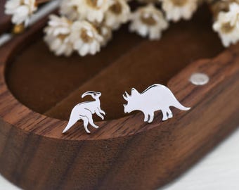 Mismatched Parasaurolophus and Triceratops Dinosaur Stud Earrings in Sterling Silver, Asymmetric Dinosaur Earrings