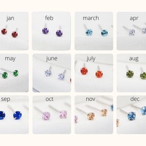 Sterling Silver Tiny Birthstone Stud Earrings, 3mm Birthstone CZ Earrings, Stacking Earrings 画像 1