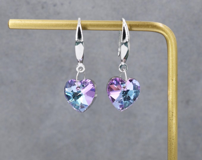 Alexandrite CZ Heart Drop Dangle Earrings in Sterling Silver, Silver or Rose Gold, Blue Crystal Heart Earrings