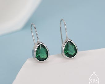 Sterling Silver Emerald Green Droplet Drop Earrings in Sterling Silver, Silver or Gold, Chunky Pear Shape Hook Earrings