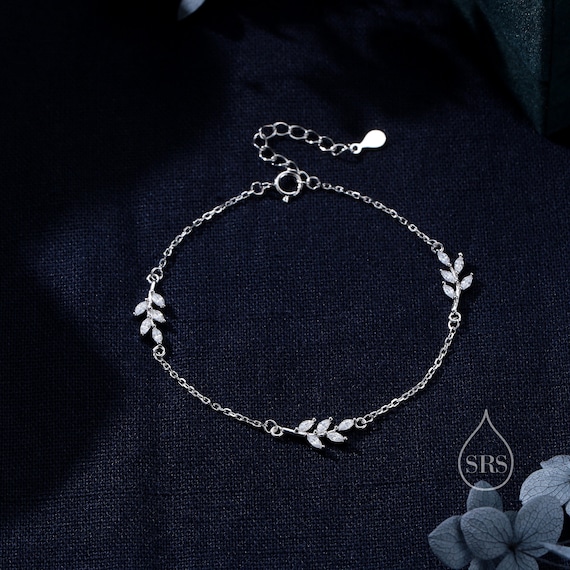 CZ Leaf Motif Bracelet in Sterling Silver, Silver or Gold, Crystal