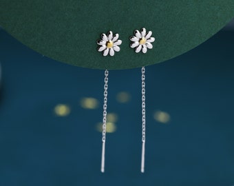 Daisy Chain Threader Earrings in Sterling Silver, Daisy Flower with Dangle Chain Earrings,  Flower Chain Earrings