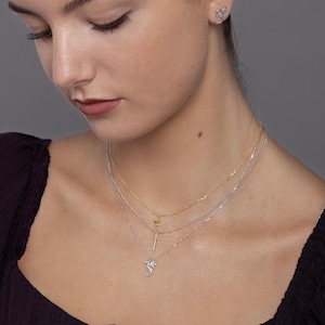 May include: A layered necklace set featuring a gold-tone chain with a small sword pendant and a silver-tone chain with a dragon pendant, complemented by a matching silver-tone dragon stud earring on the earlobe.