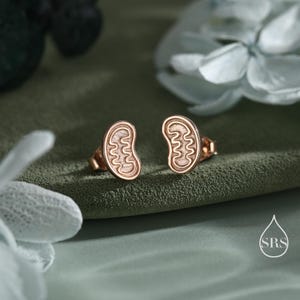 May include: A pair of rose gold stud earrings. Each earring features a stylized, organic shape with an intricate, textured design. The earrings are set against a green background, with soft floral elements in the background.