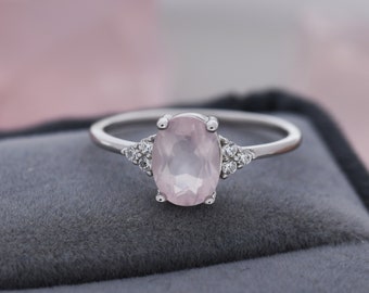 Genuine Oval Rose Quartz Ring in Sterling Silver, Natural Rose Quartz Ring, Three CZ, Pink Quartz Crystal, Vintage Inspired Design, US 5 - 8