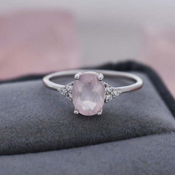 Genuine Oval Rose Quartz Ring in Sterling Silver, Natural Rose Quartz Ring, Three CZ, Pink Quartz Crystal, Vintage Inspired Design, US 5 - 8