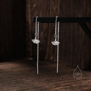 Delicate Ginkgo Leaf Threader Earrings in Sterling Silver, Silver or Gold or Rose Gold, Leaf Earrings,  Ginkgo Long Threaders