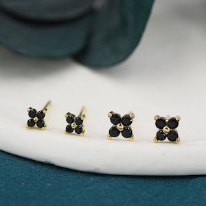 Black CZ Flower Stud Earrings in Sterling Silver, 4mm or 5mm, Crystal Flower Earrings, Hydrangea Stud, Four Crystal Stud