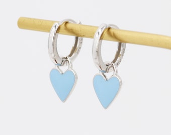Sky Blue Enamel Heart Earrings in Sterling Silver, Detachable Heart Charm Dangle Hoop Earrings, Interchangeable