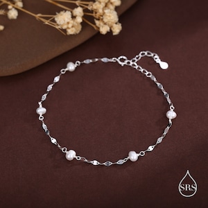 Sterling Silver Pearl Beaded Bracelet with Sparkly Disk Chain, Silver or Gold, Genuine Freshwater Pearls, Natural Pearl Bracelet