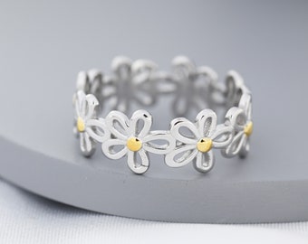 Forget-me-not Flower Infinity Ring in Sterling Silver, Flower Ring, Silver and Gold Floral Ring, US 5-8