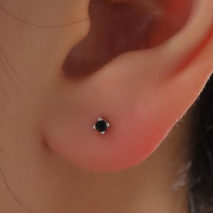 Extra Tiny 2mm Black CZ Stud Earrings in Sterling Silver, Silver or Gold, Barely Visible Stud Earrings, 2mm Black Earrings
