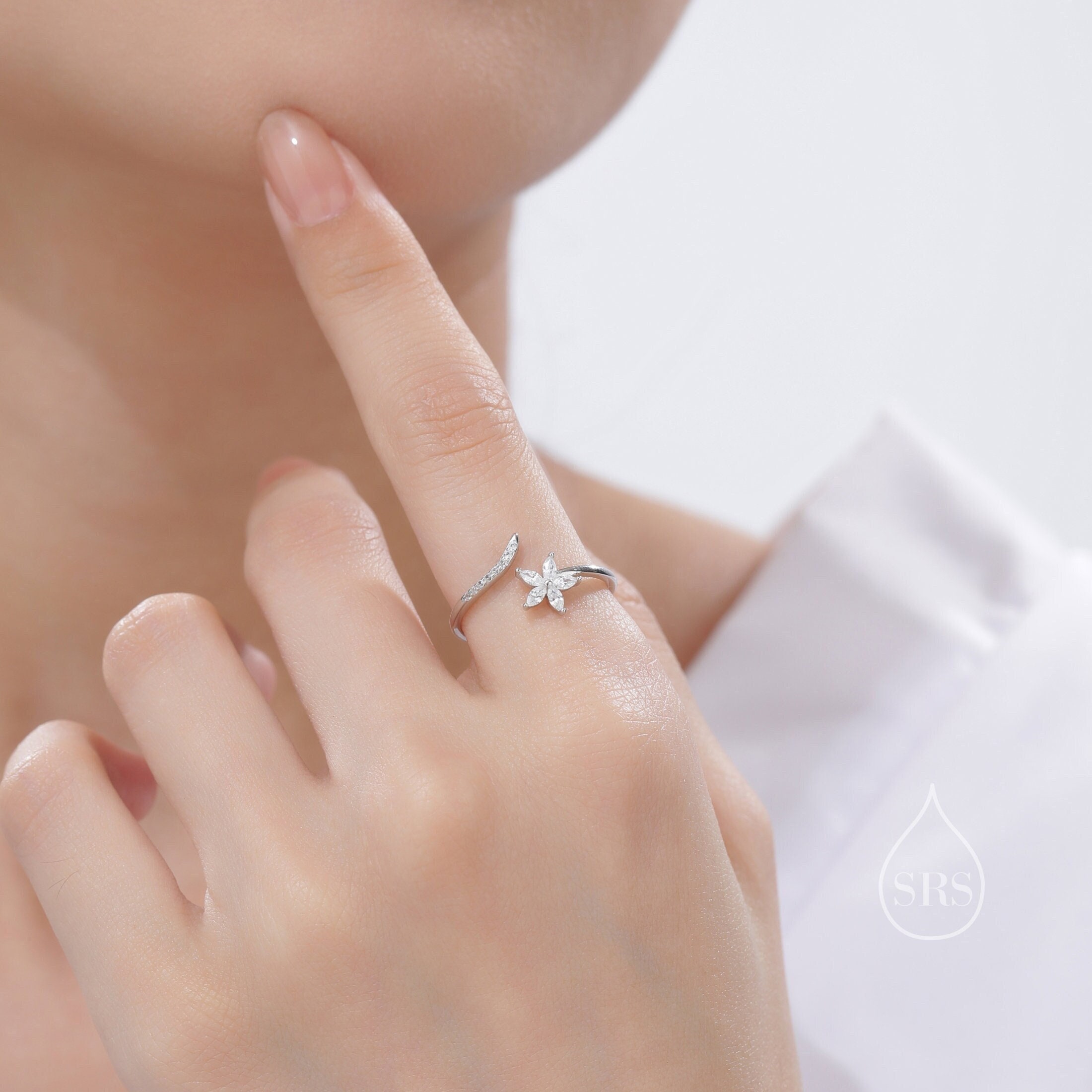 CZ Flower Open Ring in Sterling Silver, Silver or Gold, Adjustable