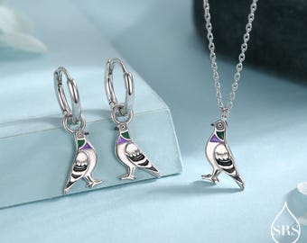 Pigeon Charm Hoops and Pendant Necklace in Sterling Silver, Rhodium Coated Cute Pigeon Necklace and Earrings, Nature Inspired
