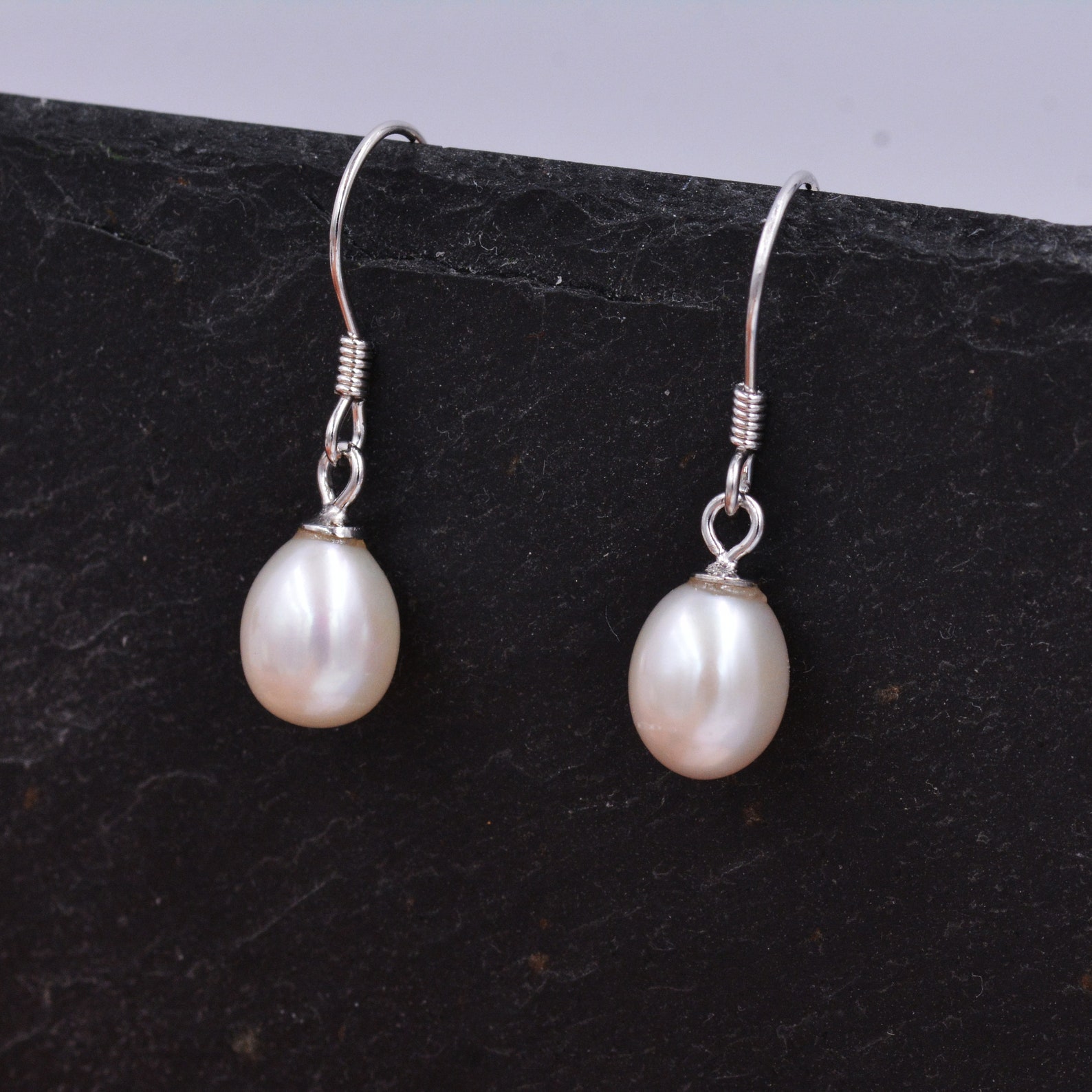 Freshwater Pearl Drop Hook Earrings in Sterling Silver | Etsy UK