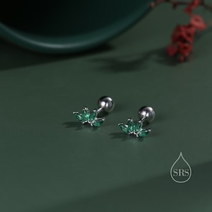 Green CZ Lotus Flower 18G Screw Back Earrings in Sterling Silver