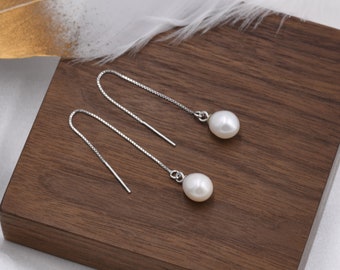 Genuine Fresh Water Pearl Threader Earrings in Sterling Silver, Natural Drop Pearl Ear Threaders