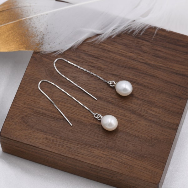Genuine Fresh Water Pearl Threader Earrings in Sterling Silver, Natural Drop Pearl Ear Threaders