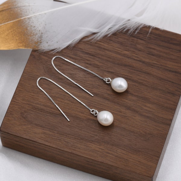 Echte Zoetwaterparel Threader Oorbellen in Sterling Zilver, Natuurlijke Drop Pearl Ear Threaders