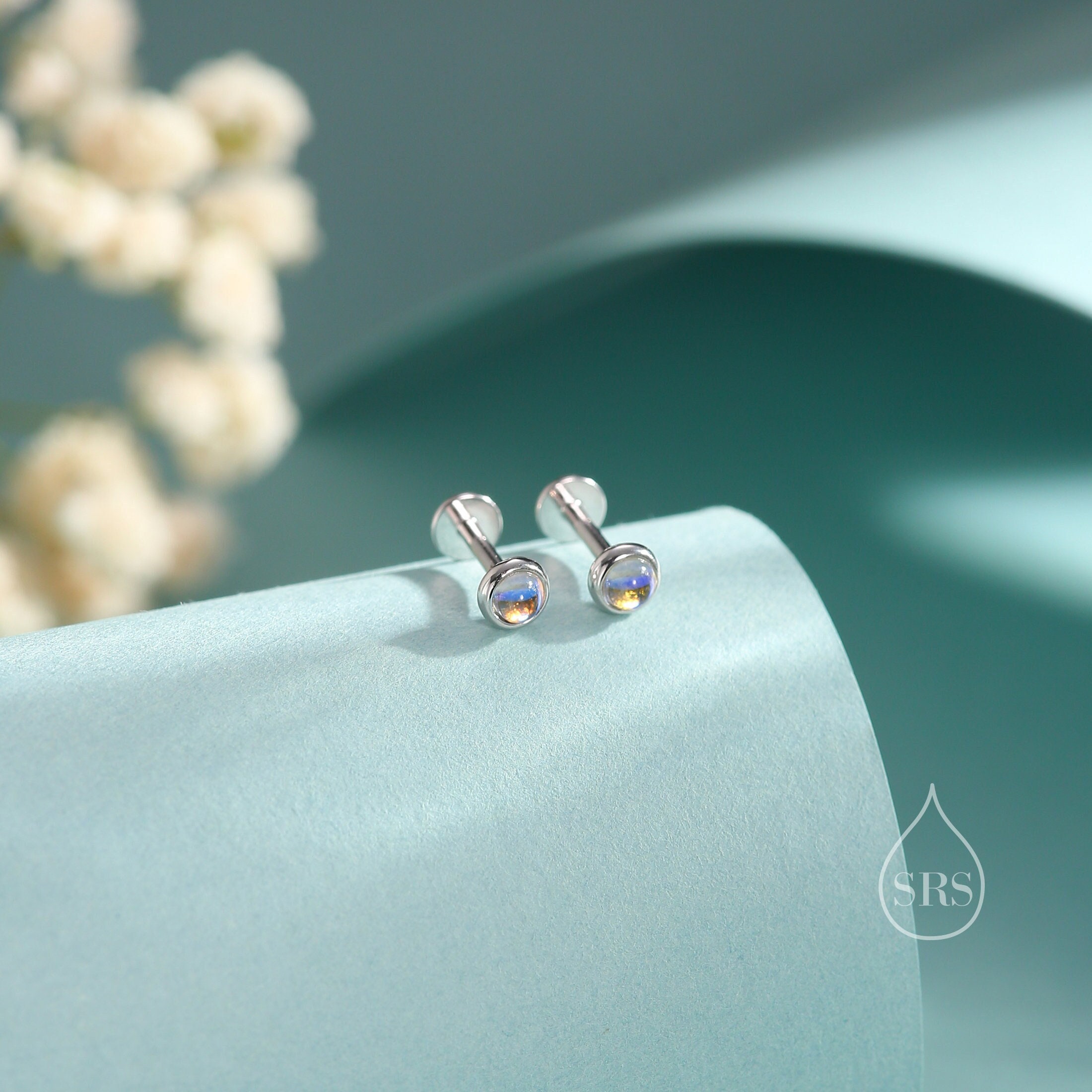 Tiny Moonstone Internally Threaded Flat Back/Screw back(Barbell)/ Stud Earrings in Sterling Silver, Lab Moonstone Earrings, Piercing