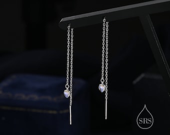 Moonstone Droplet Long Threader Earrings in Sterling Silver, 3x4mm Lab Moonstone Pear Shape Ear Threaders, Silver or Gold or Rosegold