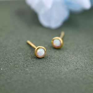 Sterling Silver Tiny Little Opal Stud(lab created opal) Earrings, 3mm Blue or White Opal, Gold or Silver, Semi-precious Jewellery