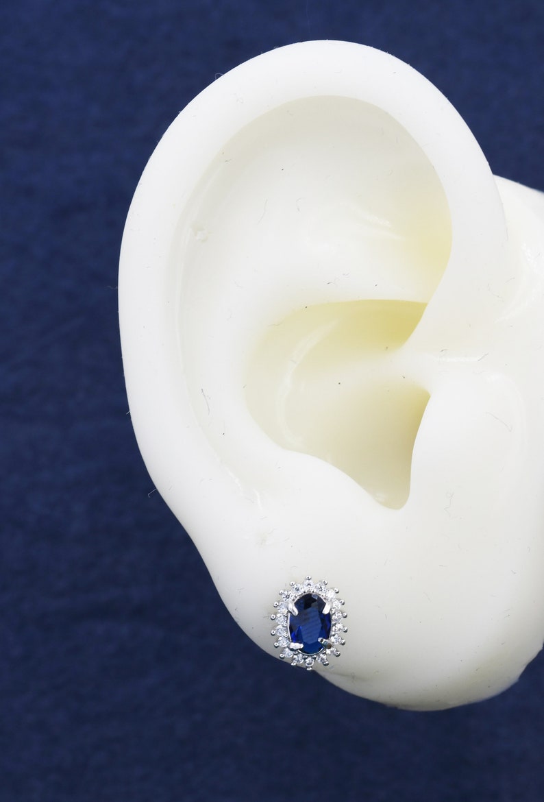 Sapphire Blue CZ Stud Earrings in Sterling Silver, Blue Oval Crystal Stud Earrings, September Birthstone zdjęcie 9