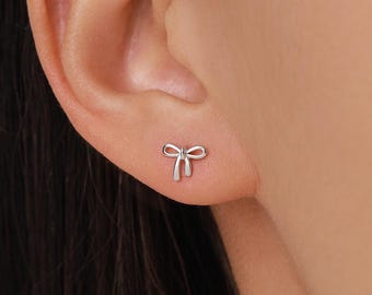Ribbon Bow Stud Earrings in Sterling Silver, Silver or Gold,  Dainty Earrings, Bridesmaid's Jewellery