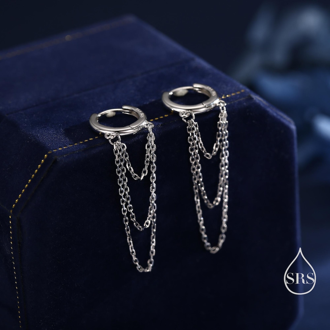 Triple Chained Hoop Earrings in Sterling Silver, Silver or Gold or Rose Gold, Huggie Hoops With Three Chains - Etsy Japan