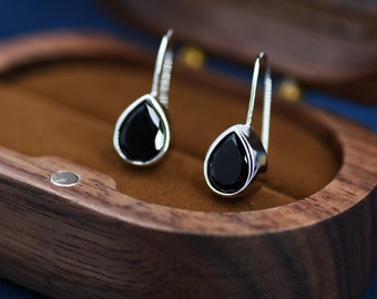 Sterling Silver Onyx Black CZ Droplet Drop Earrings in Sterling Silver, Silver or Gold, Chunky Pear Shape Hook Earrings