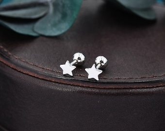 Small Pair of Star Stud Earrings in Sterling Silver, Rose Gold and Silver, Screw Back Earrings - helix ,cartilage , conch, tragus