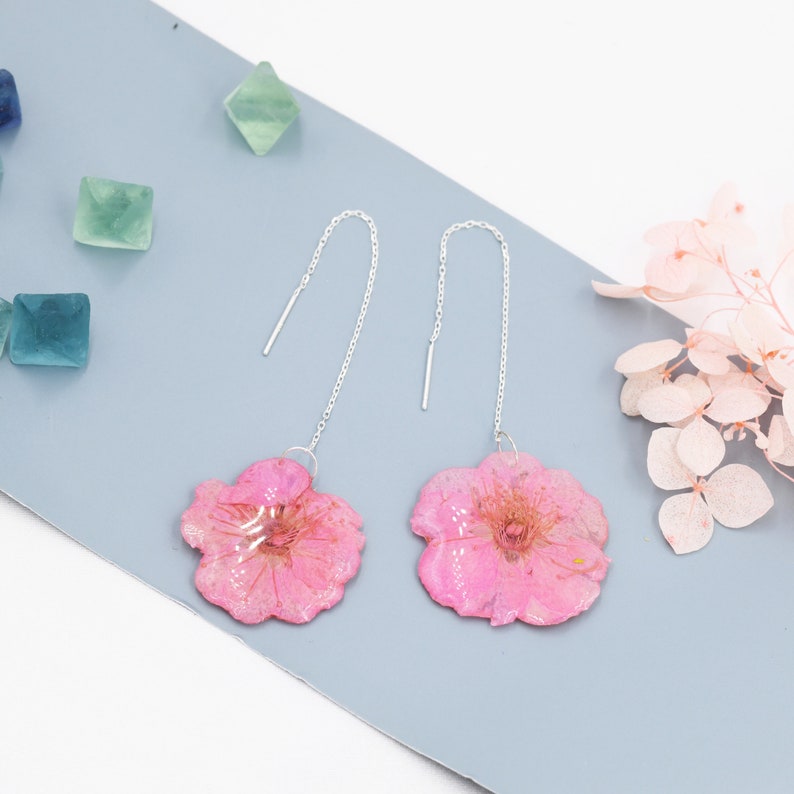 Real Cherry Blossom Flower Threader Earrings in Sterling Silver, Real Flower Ear Threaders, Resin Flower Jewellery Pink Sakura image 4