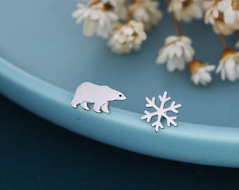 Mismatched Polar Bear and Snowflake Stud Earrings in Sterling Silver, Polar Bear and Snow Earrings, Polar Bear Earrings