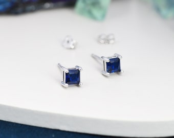 Aretes CZ azul zafiro oscuro de talla princesa en plata de ley, aretes de cristal de talla cuadrada, CZ púrpura, piedra de nacimiento de septiembre