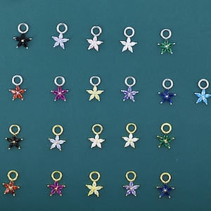 Può includere: Una collezione di ciondoli a forma di stella in vari colori, tra cui nero, bianco, rosso, viola, giallo, verde, blu e azzurro. Ogni ciondolo ha un piccolo anello nella parte superiore per l'attacco. I ciondoli sono disposti su uno sfondo verde scuro.