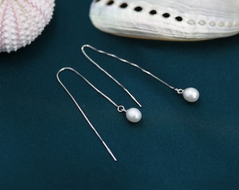 Genuine Freshwater Oval Pearl Threader Earrings in Sterling Silver,  Pearl Ear Threaders, Natural Freshwater Pearls, Drop Ear Threaders,