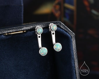 Auqa Green Opal Ear Jacket in Sterling Silver,  Silver or Gold, Lab Opal Bezel Earrings, Front and Back Green Opal Earrings