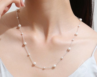 Mother of Pearl Two Way Necklace in Sterling Silver, Silver or Gold , Adjustable Length, Lariat Necklace,  Satellite Beaded