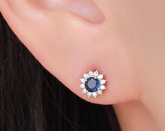 Sapphire Flower Stud Earrings in Sterling Silver, Gold or Silver, Simulated  Sapphire Flower Earrings, Blue CZ Flower Earrings