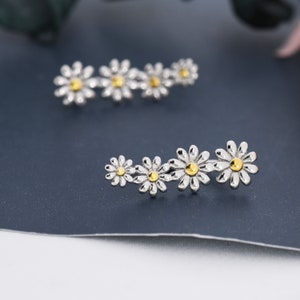 Daisy Flower Crawler Earrings in Sterling Silver, Two Tone Finish, Daisy Chain, Flower Earrings, Ear Climbers image 2