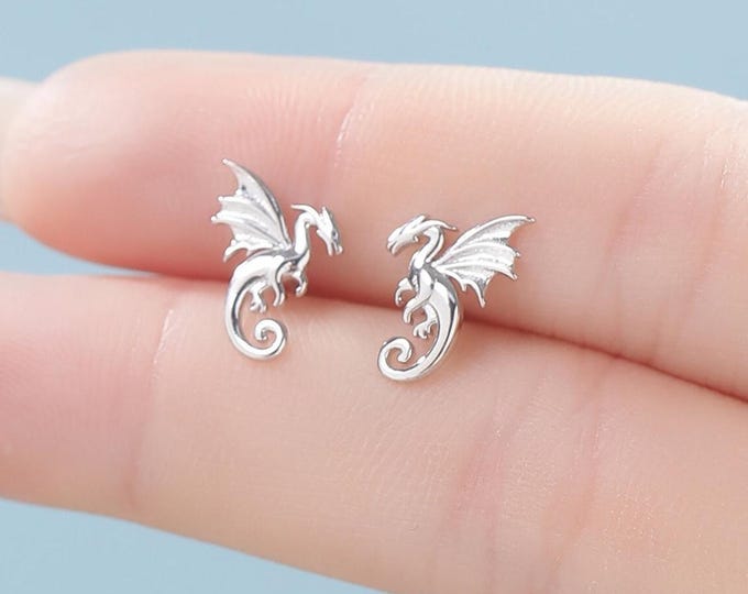 Extra Small Dragon Stud Earrings in Sterling Silver, Silver or Gold or Rose Gold, Sterling Silver Dragon Earrings, Small Dragon Stud