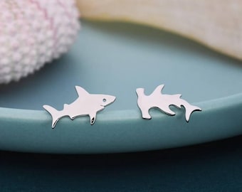 Mismatched Shark Stud Earrings in Sterling Silver, Animal Earrings