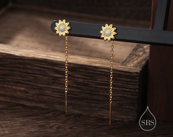 Sunflower Threader Earrings in Sterling Silver, Sunflower with Dangle Chain Earrings,  Flower Chain Earrings