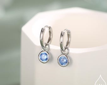 March Birthstone Aquamarine Hoop Earrings in Sterling Silver, Detachable Dangle Hoop Earrings, Silver, Gold or Rose Gold, Interchangeable