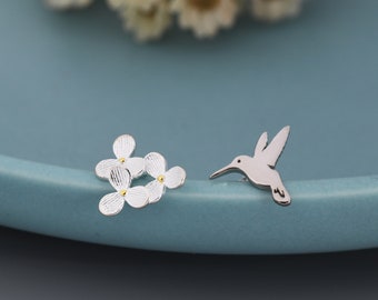 Mismatched Hummingbird and Hydrangea Flower Stud Earrings in Sterling Silver,  AsymmetricFlower and Hummingbird Earrings