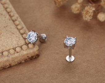 Brilliant Cut 5mm Moissanite 16G Flat Back Labret Earrings in Sterling Silver