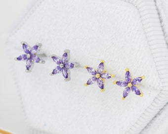 Amethyst Purple CZ Flower Stud Earrings in Sterling Silver, Silver or Gold,  Marquise Crystal Earrings