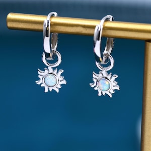 White Opal Sun Dangle Huggie Hoop Earrings in Sterling Silver, Silver or Gold,  Sun Earrings, Celestial Earrings, Detachable Fire Opal Sun