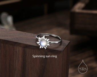 Sterling zilveren draaibare Moonstone Sun Ring, Fidget Ring, verstelbare grootte Sun Ring, draaibare Ring, sierlijk en delicaat