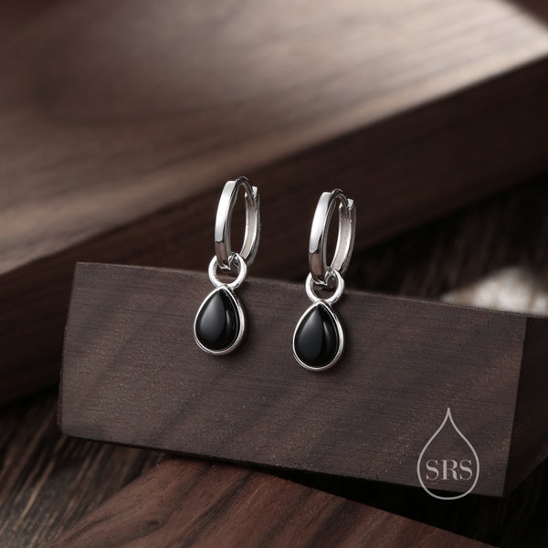 Sterling Silver Genuine Black Onyx Droplet Hoop Earrings, Detachable Pear Shape Black Onyx Dangle Hoop Earrings, Interchangeable